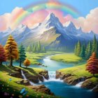 Colorful Mountain Landscape Painting with Flowers, Rainbow, and Clouds