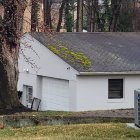 Colonial man by whimsical cottage with moss-covered roof and vibrant flowers