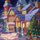 Snow-covered multi-story wooden house with Christmas decorations and glowing lights