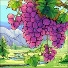 Colorful illustration of purple grapes, village, and mountains at sunset