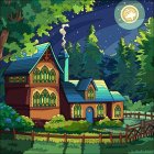 Enchanting castle in lush forest at night with full moon and warm lights