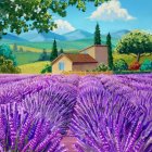 Colorful digital artwork: Fantasy landscape with purple foliage and whimsical houses