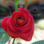 Detailed digital art: Vibrant red rose in full bloom next to cream rose on ornate background