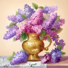 Pink and Purple Flowers in Golden Vase on Pale Background