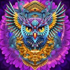 Colorful owl digital art with intricate patterns and symmetrical feather details