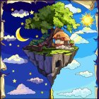 Floating island with quaint houses, trees, airships, and crescent moon