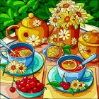 Colorful still-life painting with teacups, teapot, fruit, leaves, and blossoms