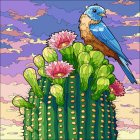 Colorful Birds and Cactus Illustration with Butterflies and Blossoms