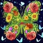 Colorful Butterfly Illustration with Flowers and Butterflies on Dark Background