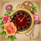 Golden Clock with Roman Numerals & Pink Roses on Beige Background