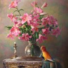 Colorful illustration of pink lilies, vase, bird, ruler