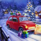 Red Classic Car with Gifts Parked Near Snowy Curb and Christmas Tree