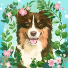 Fluffy Australian Shepherd Surrounded by Pink Flowers