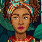 Portrait of Woman with Turquoise Headwrap and Golden Jewelry Among Stylized Roses