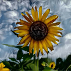 Vibrant sunflower on blue & white swirled background