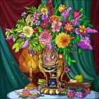 Colorful Flower Arrangement in Decorative Vase on Green Background