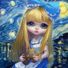 Portrait of young girl with long blonde hair in Van Gogh-inspired starry night