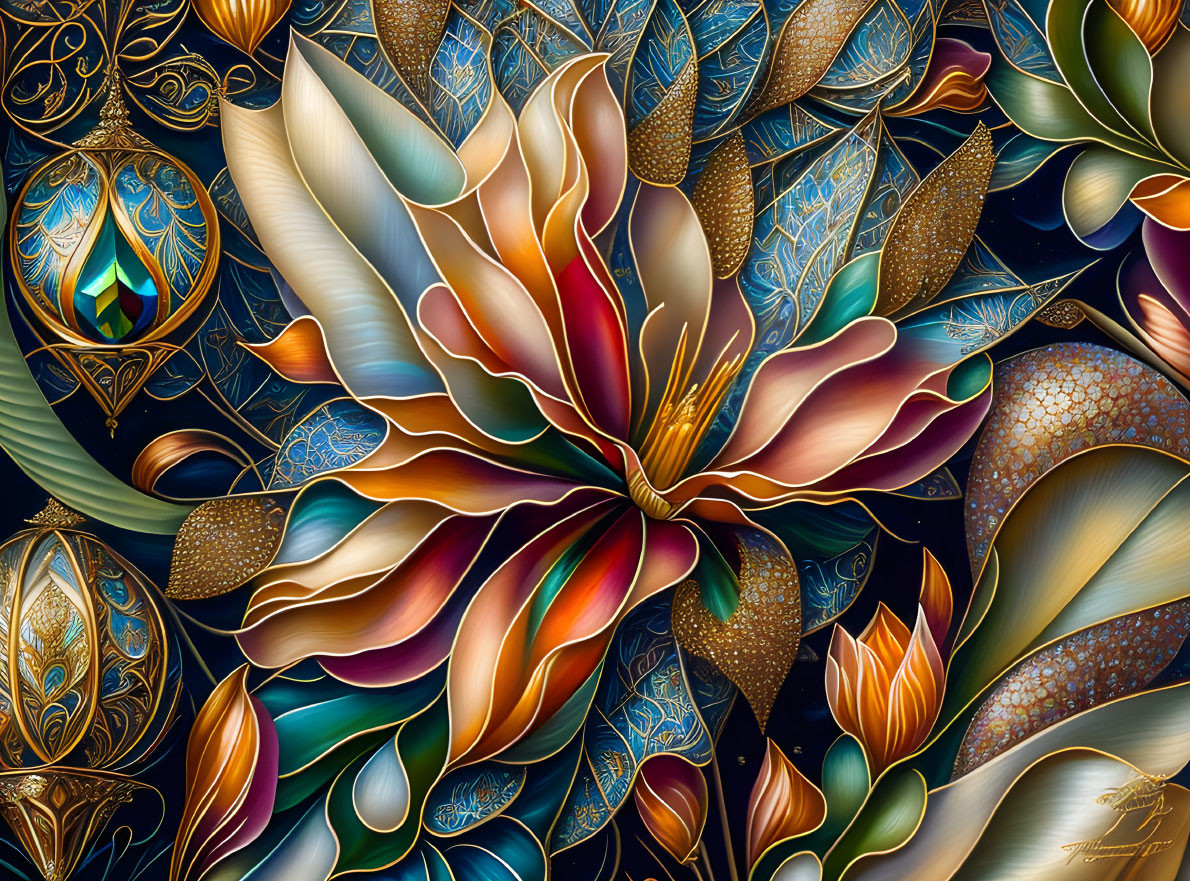 Colorful digital artwork of metallic flower with intricate patterns on dark background