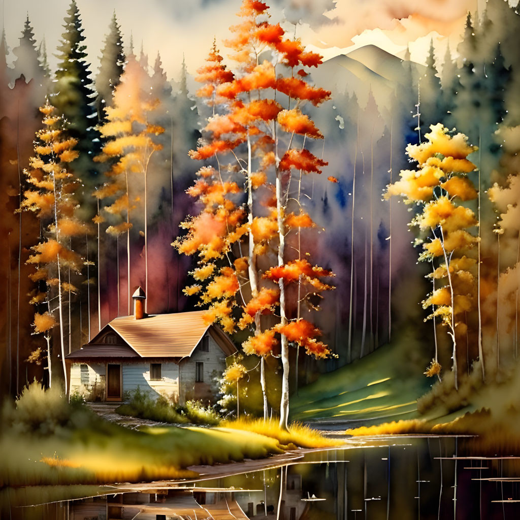 Cozy cabin near tranquil lake in autumn setting