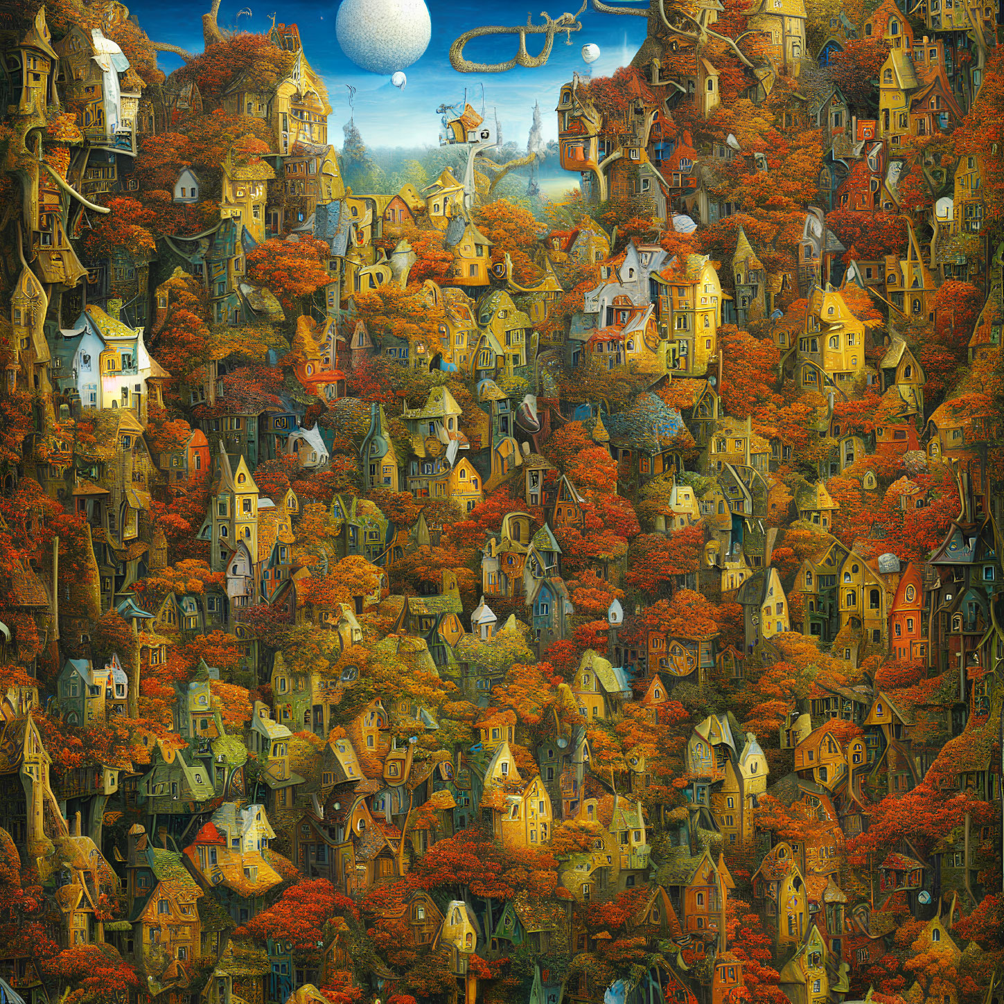 Whimsical forest village with autumn trees and moon in blue sky