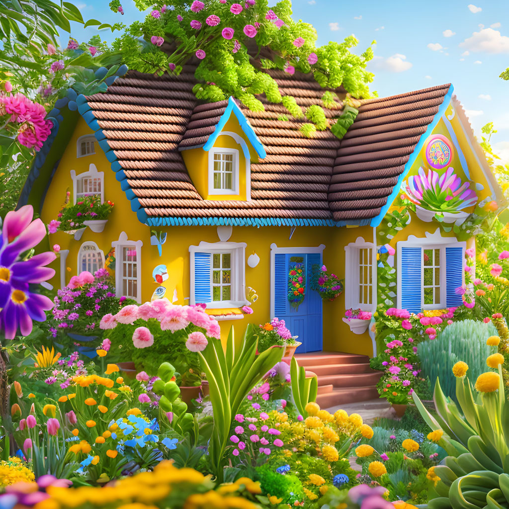 Colorful fairy-tale cottage with thatched roof in lush garden