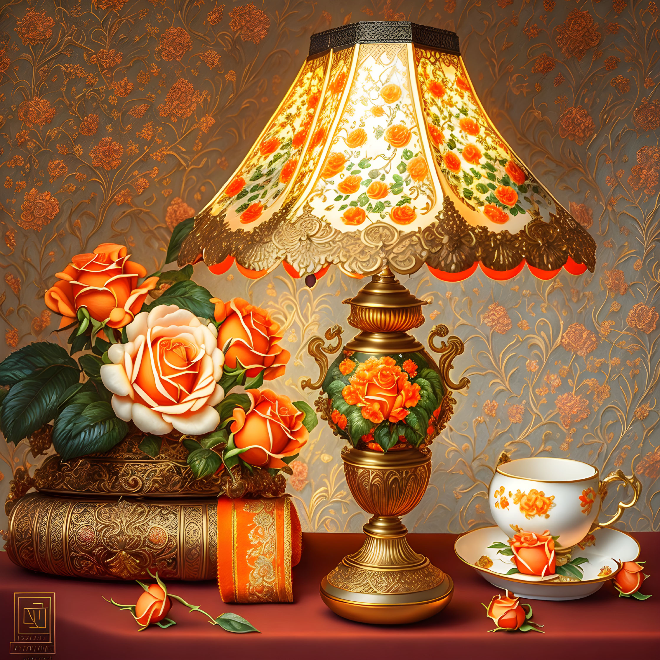 Vintage Still Life with Ornate Lamp, Roses, Cup & Saucer