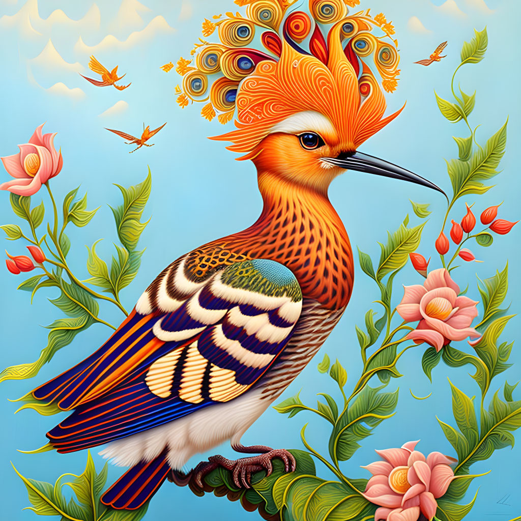 Colorful fantastical bird illustration with intricate plumage in floral setting on blue sky.