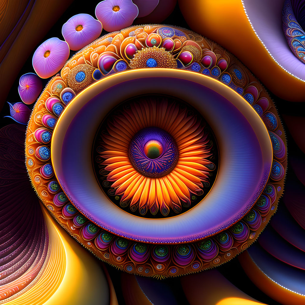 Colorful fractal spiral eye surrounded by intricate patterns in 3D effect