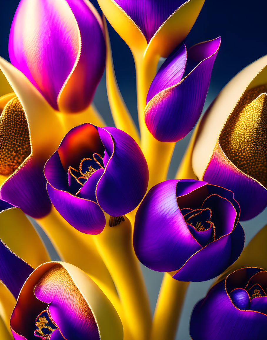 Colorful digital artwork featuring stylized purple and pink flowers on dark background