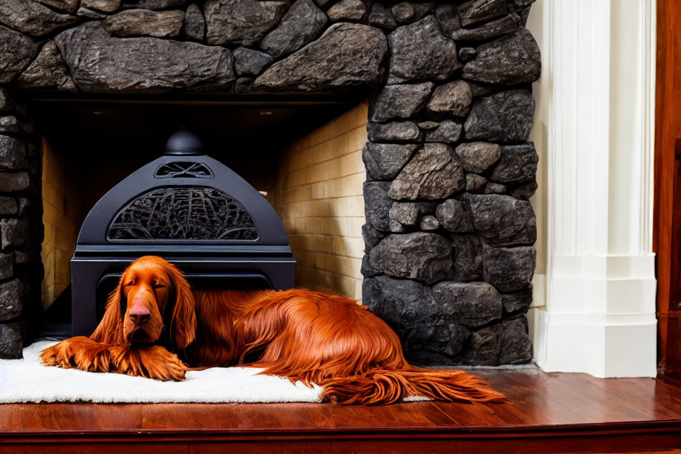 Irish Setter Dog Relaxing by Stone Fireplace in Cozy Room