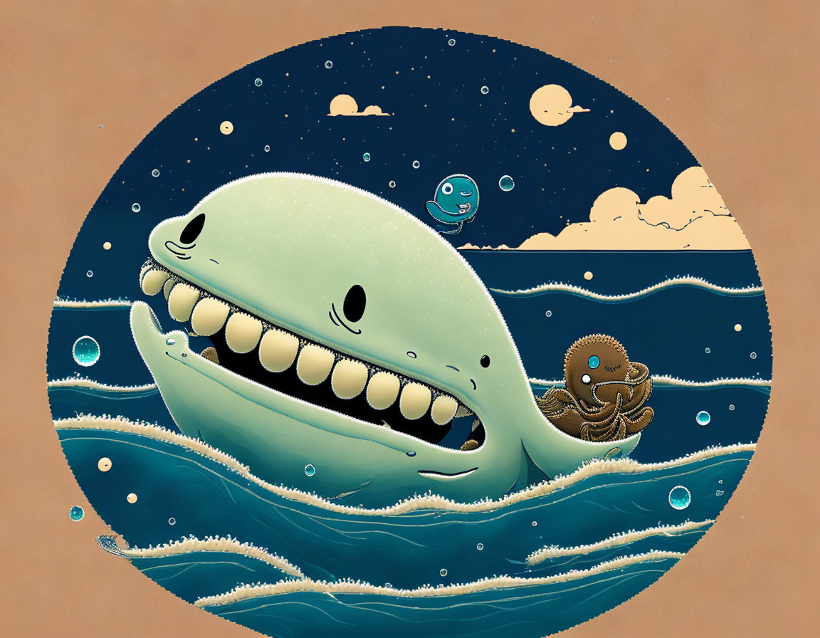 Whimsical underwater scene with smiling shark, octopus, and fish under starry night sky