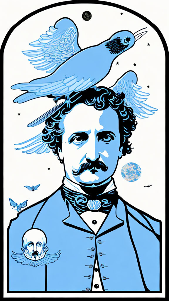 Stylized blue and black illustration of a man with mustache and birds