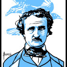 Stylized blue and black illustration of a man with mustache and birds