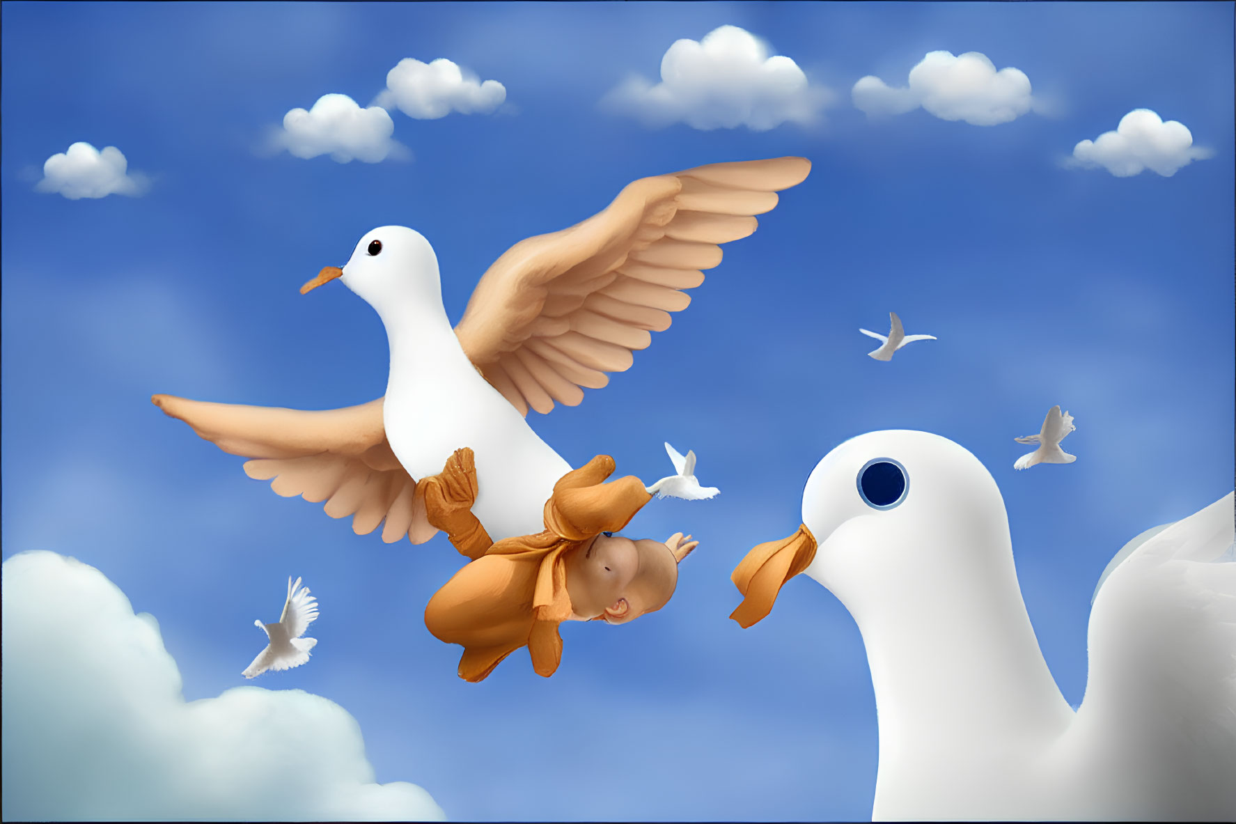 Illustration of small person in orange garb riding white dove in blue sky