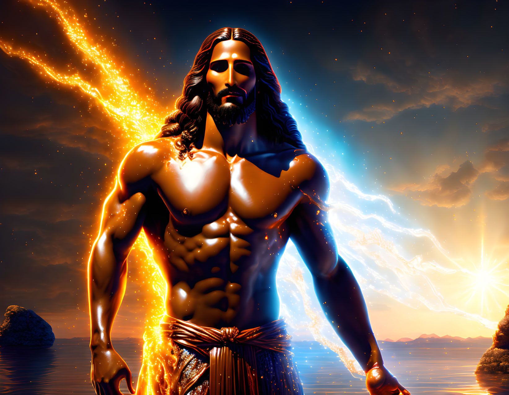 Muscular male figure with flowing hair against ocean sunset.