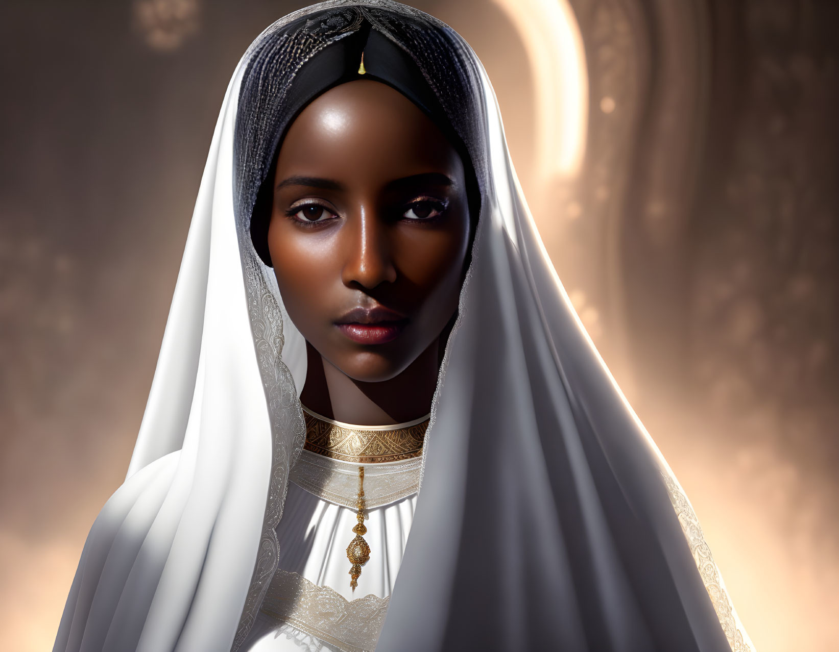 Dark-skinned woman in white hijab with gold accents on warm background