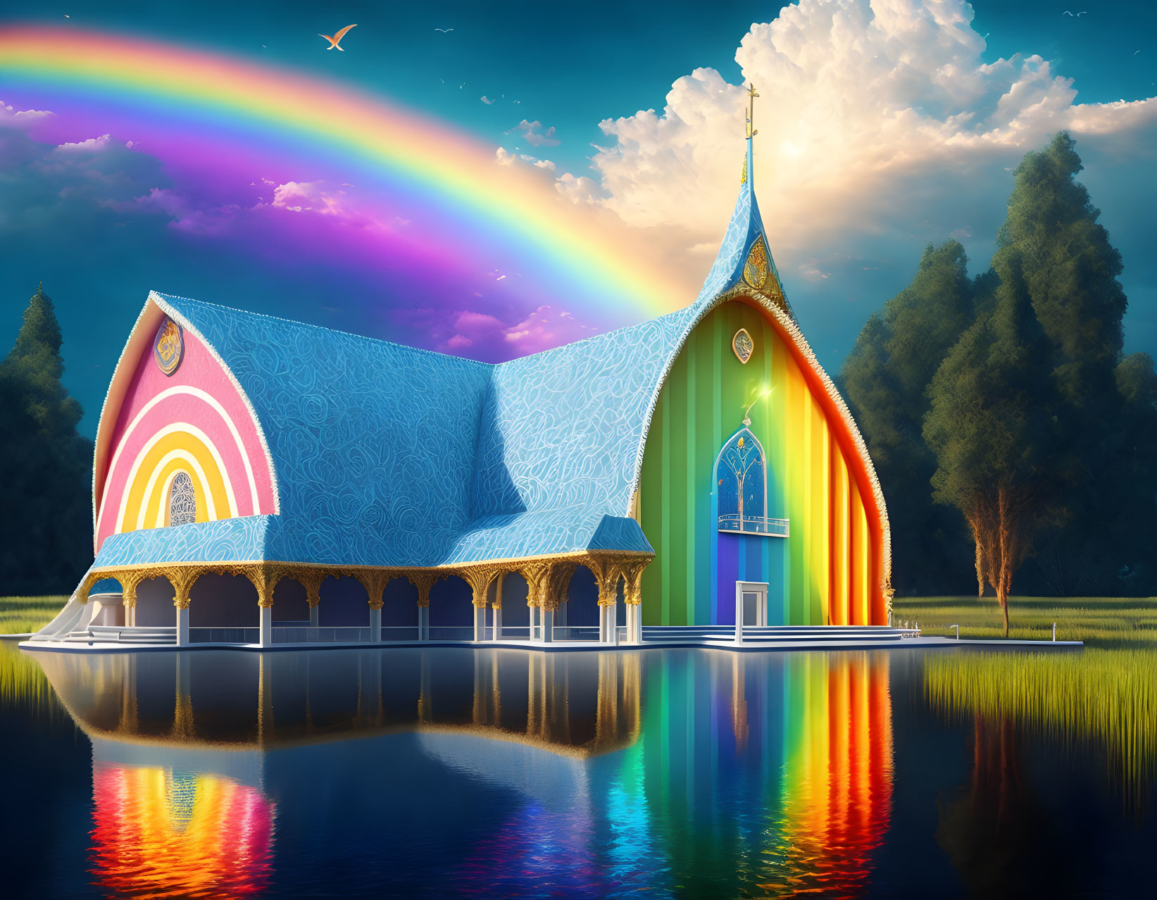 Colorful Whimsical Church with Rainbow Pattern by Serene Lake