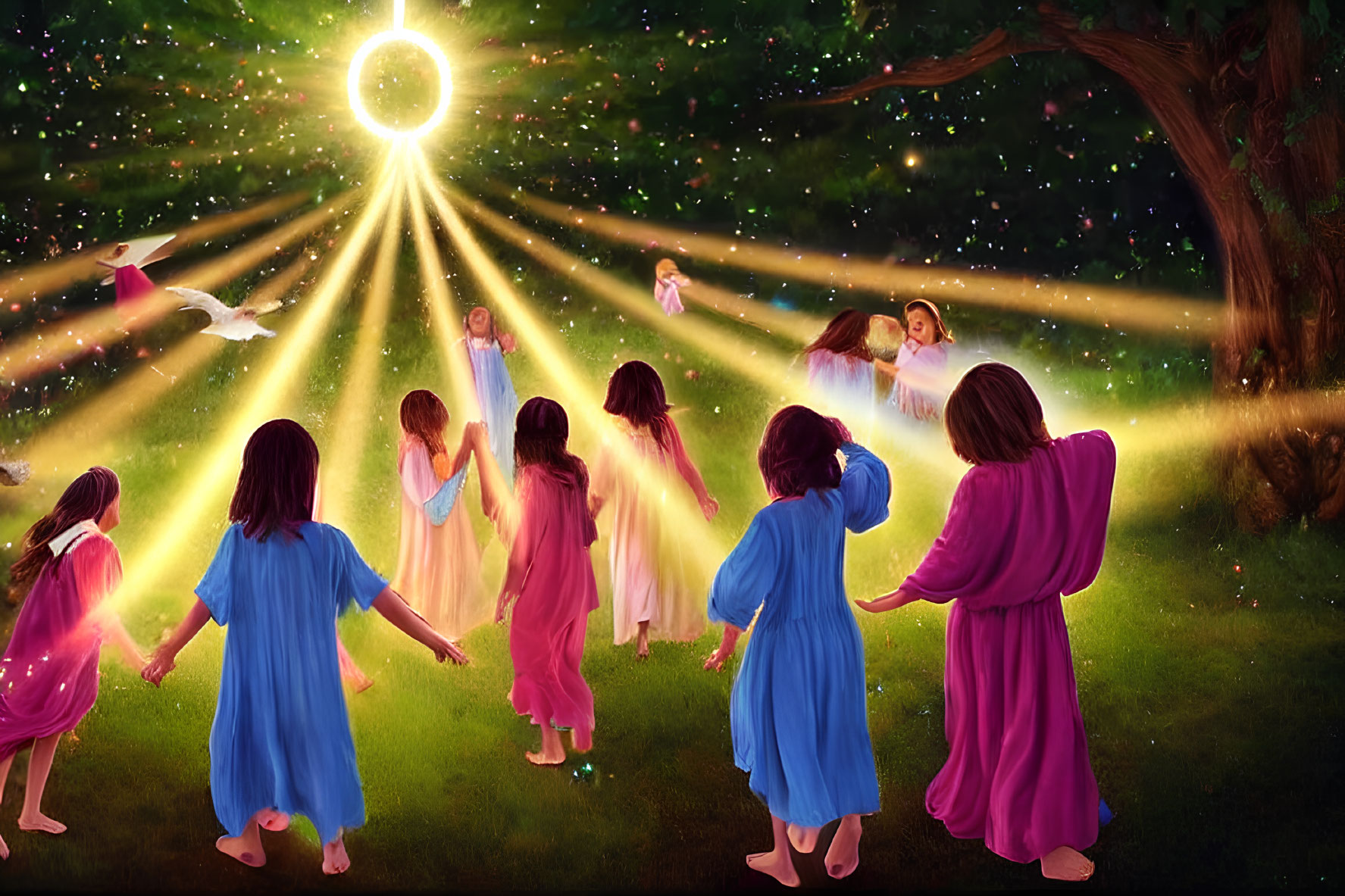 Children in circle on grass at dusk with glowing light, ethereal figures, and flying bird