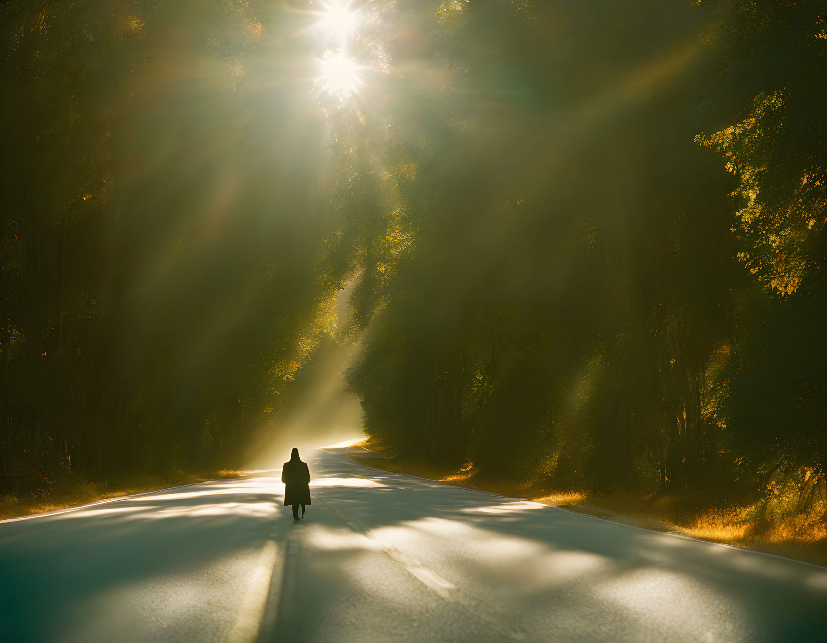 Person walking on sun-drenched road with mystical atmosphere