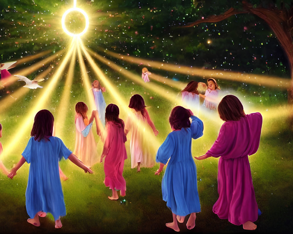 Children in circle on grass at dusk with glowing light, ethereal figures, and flying bird