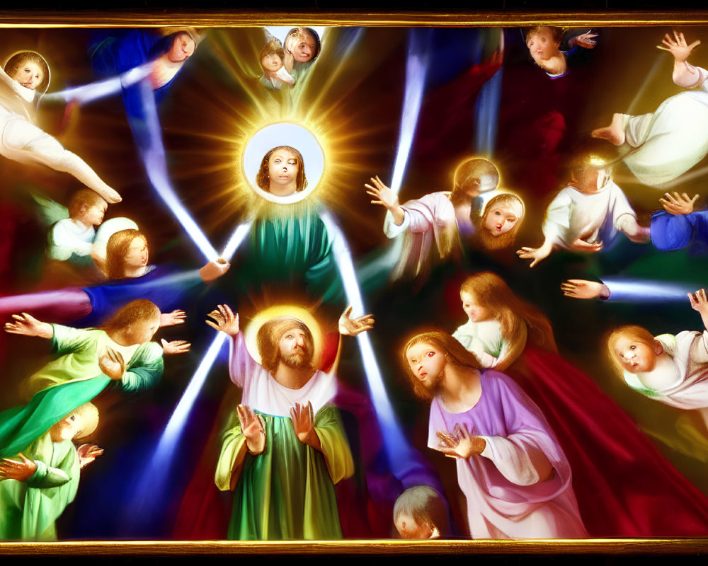 Religious painting with glowing central figure and angelic beings