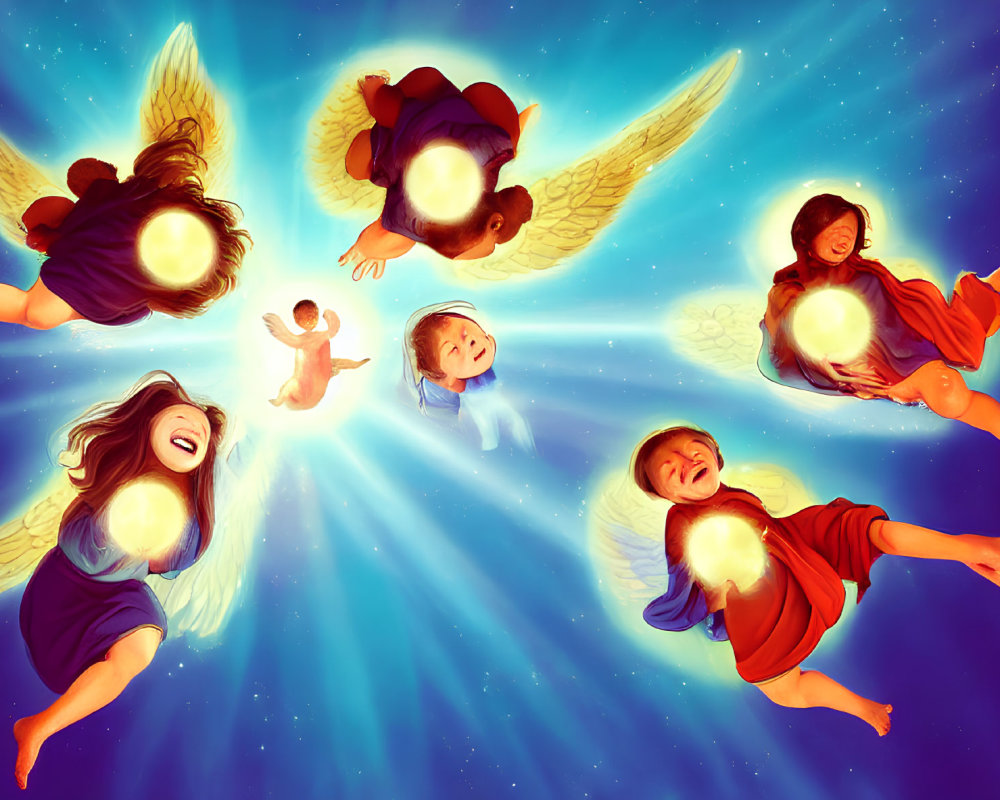 Joyful angels with glowing halos in heavenly setting: a radiant portrayal.