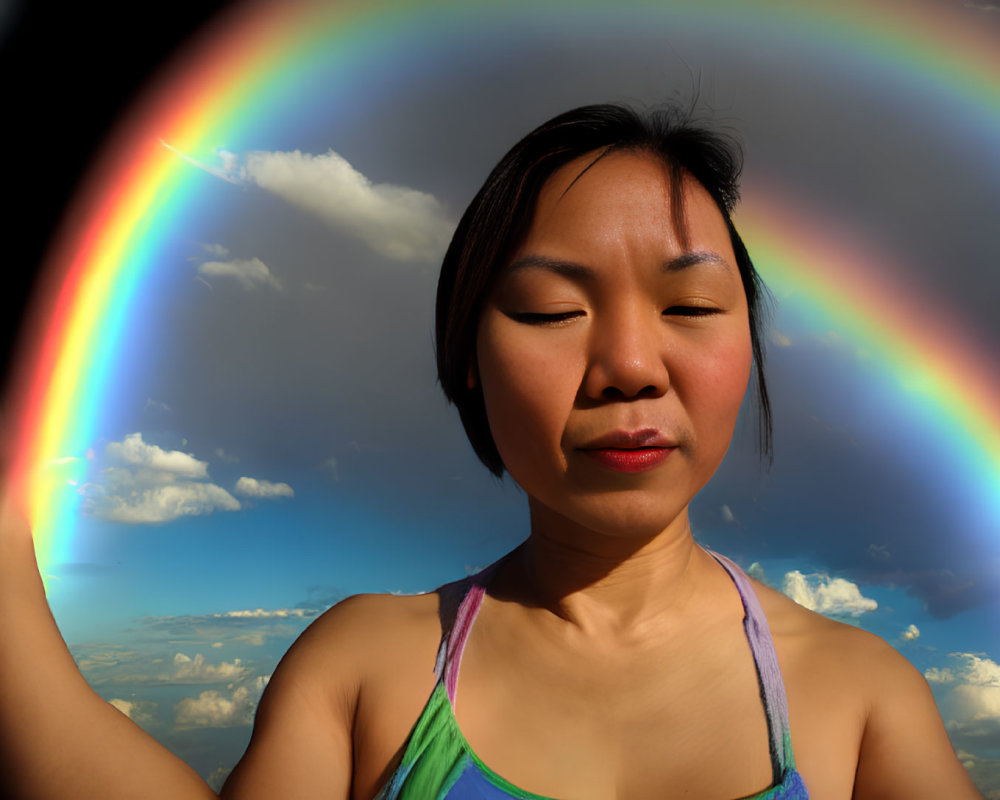 Woman standing under double rainbow with closed eyes and cloudy sky