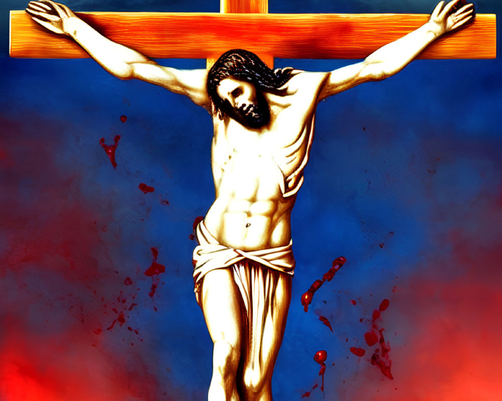 Religious artwork of Jesus Christ crucified with radiant light and bloodstains on blue and red background