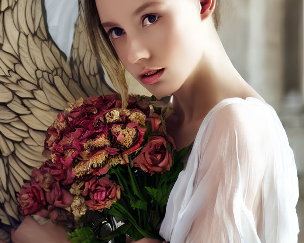 Angel wings and red flowers in softly lit space with arches