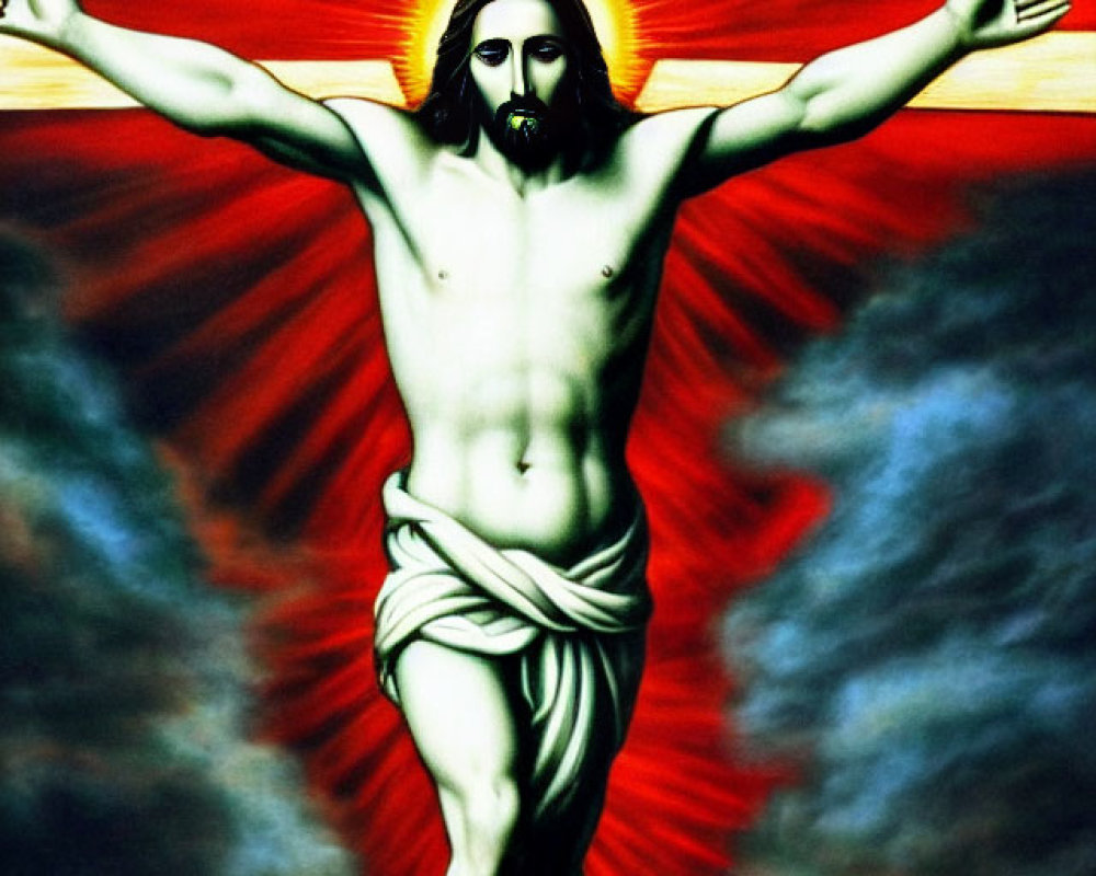 Religious artwork: Jesus Christ on cross with halo, red burst, and cloudy background