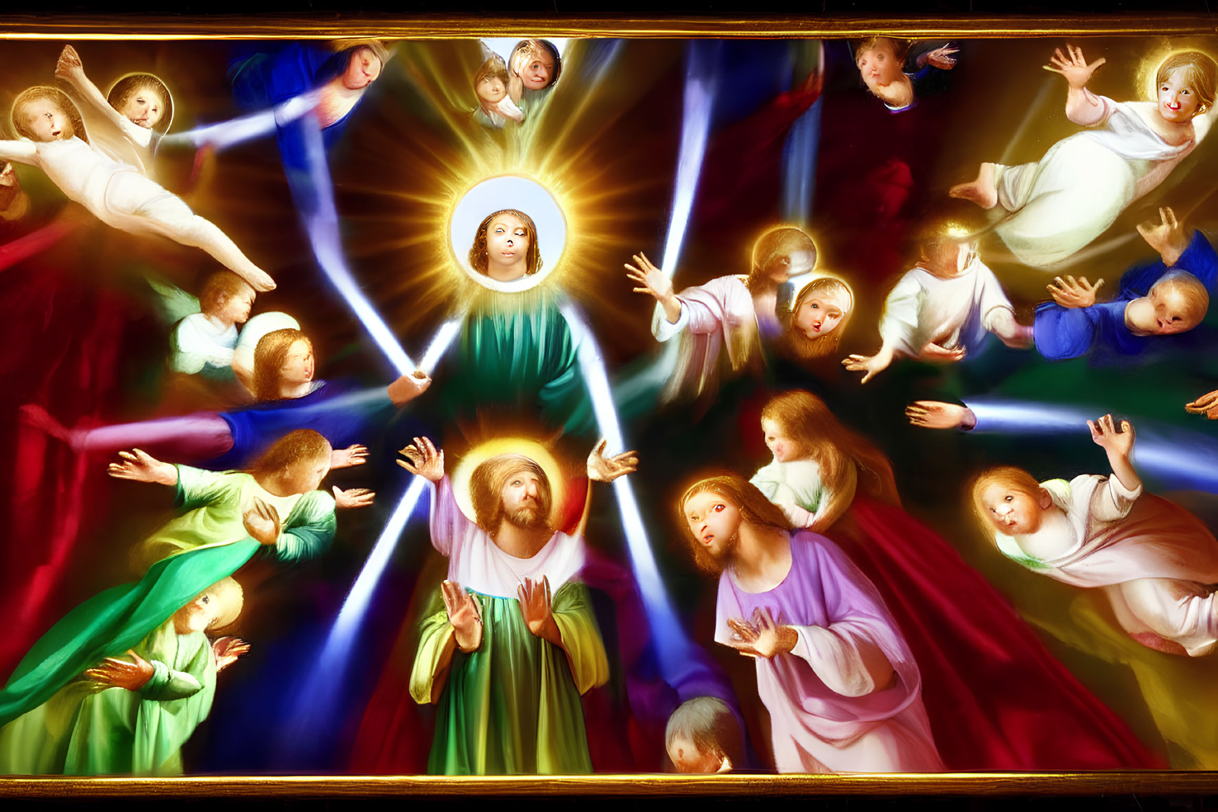 Religious painting with glowing central figure and angelic beings