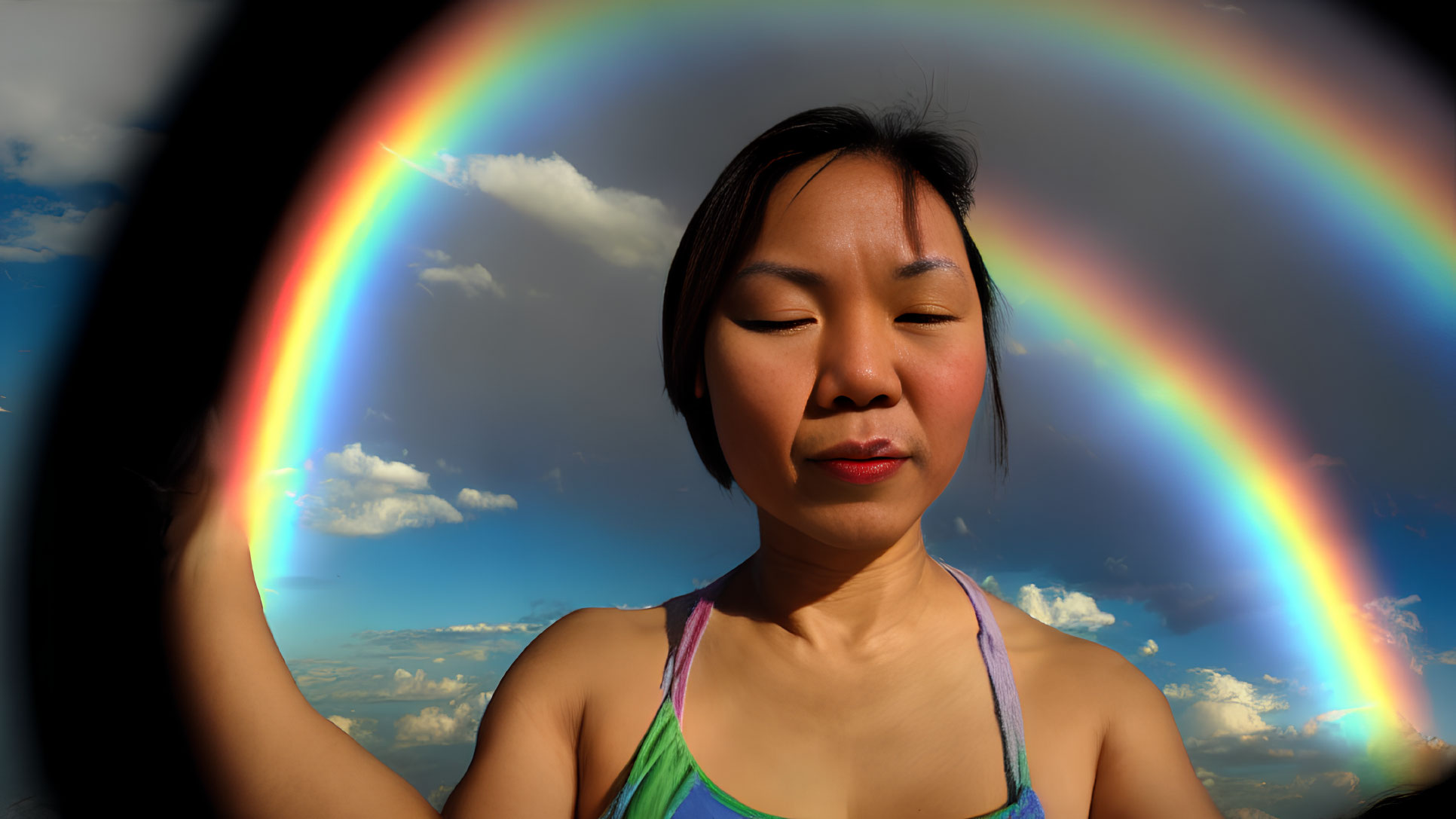 Woman standing under double rainbow with closed eyes and cloudy sky