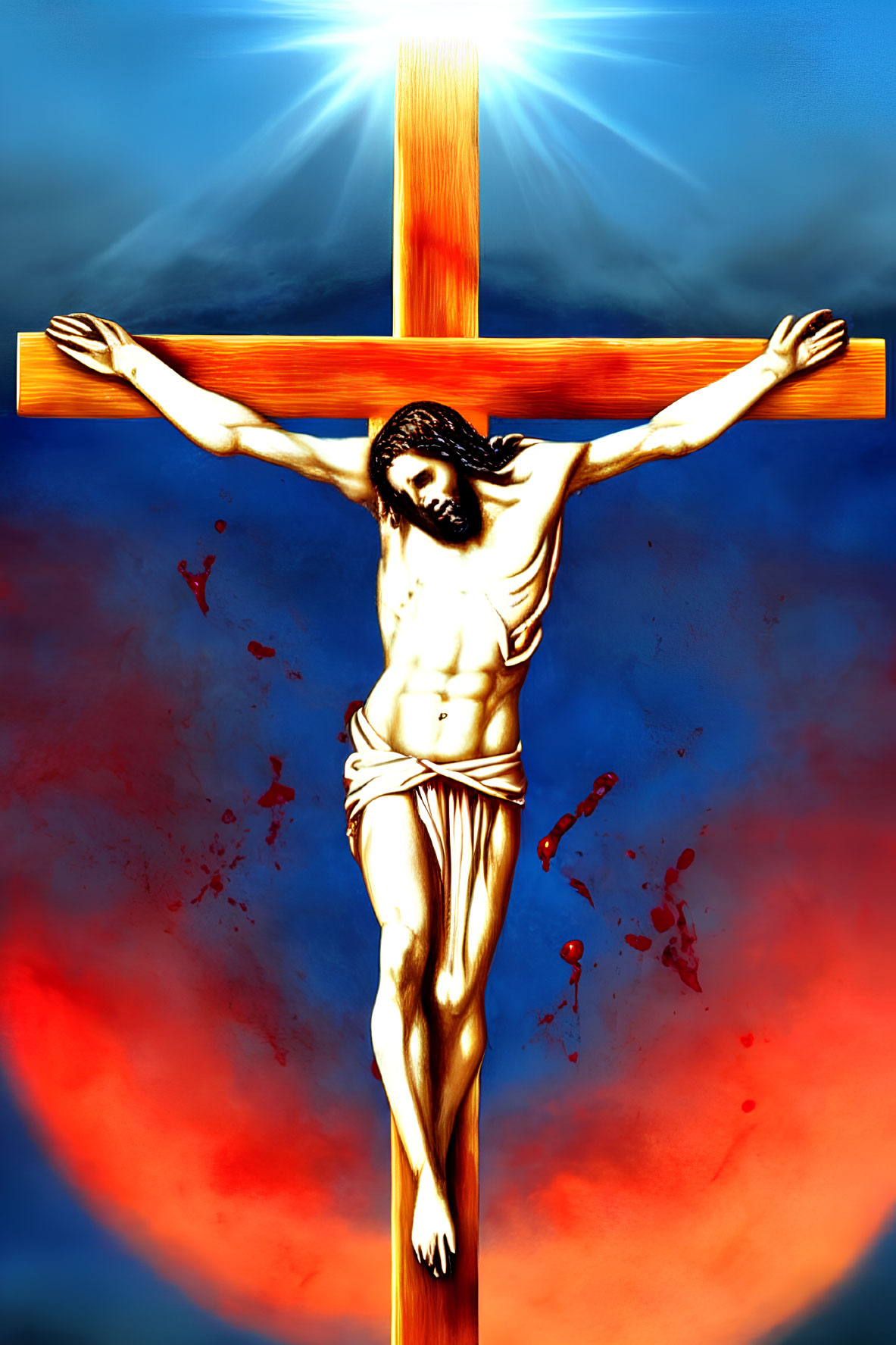 Religious artwork of Jesus Christ crucified with radiant light and bloodstains on blue and red background