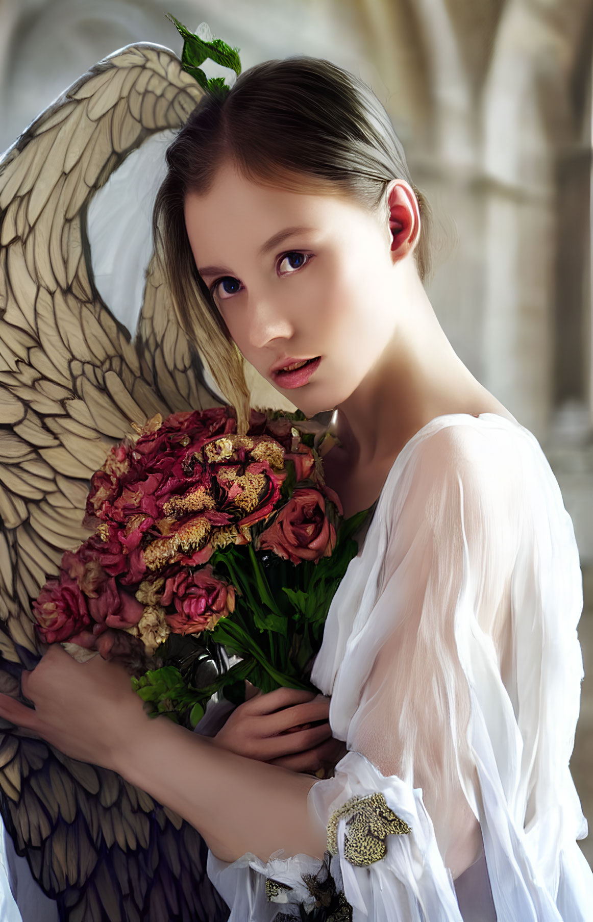 Angel wings and red flowers in softly lit space with arches